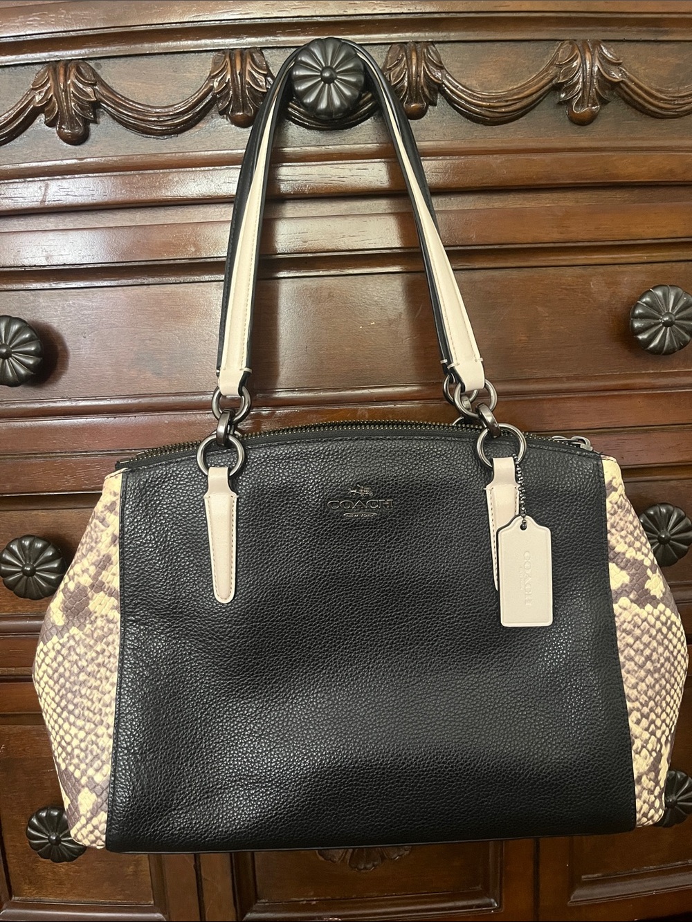 Coach Black Leather Shoulder Bag with Cream & Taupe Snake-Print Sides